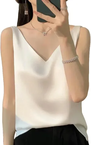 Camisole Ice Silk Camisole Women's V-Neck Tops White Satin Camis Mulberry Summer Ladies' Crop Top Women Solid Blouse Vest