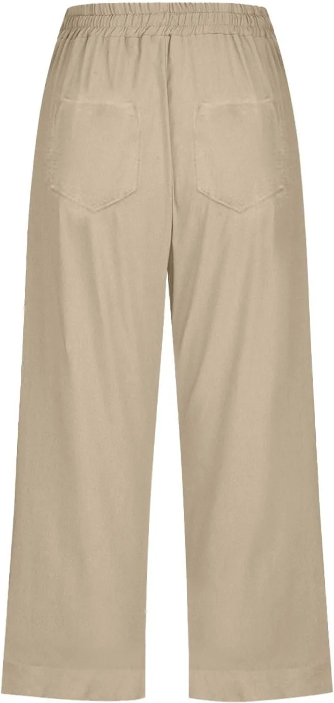 Capri Pants for Women Cotton Linen Casual Summer Pants Plus Size Drawstring Elastic Waist Capris with Pockets