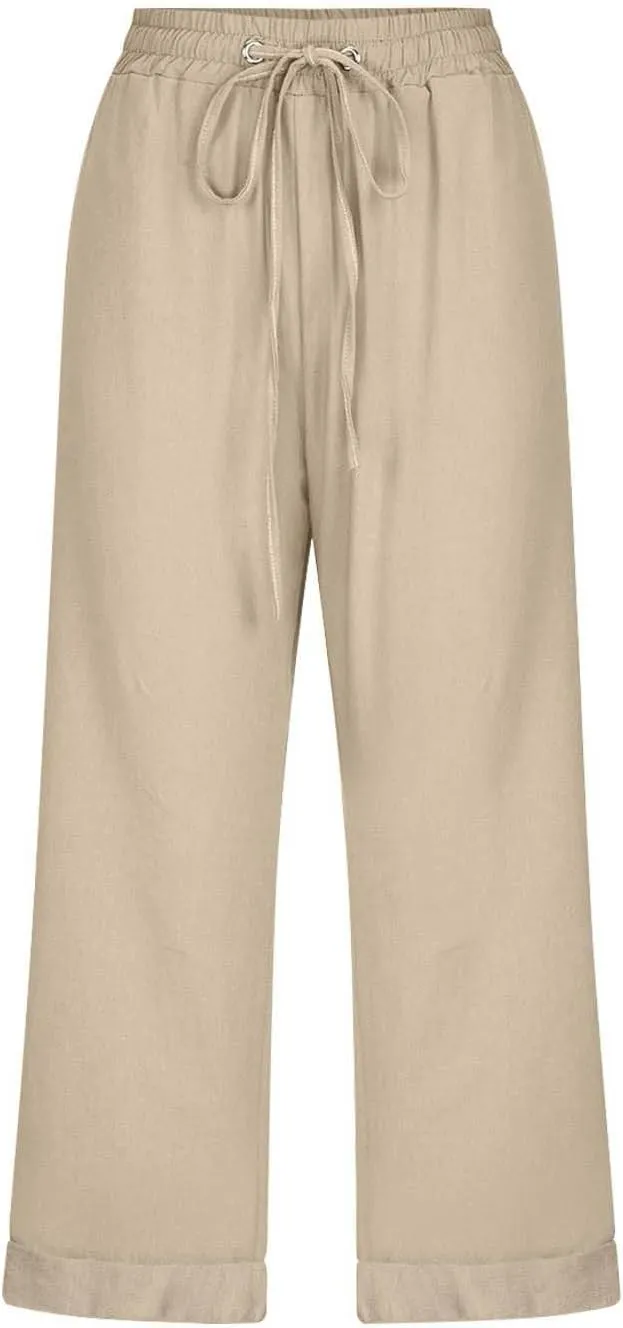 Capri Pants for Women Cotton Linen Casual Summer Pants Plus Size Drawstring Elastic Waist Capris with Pockets