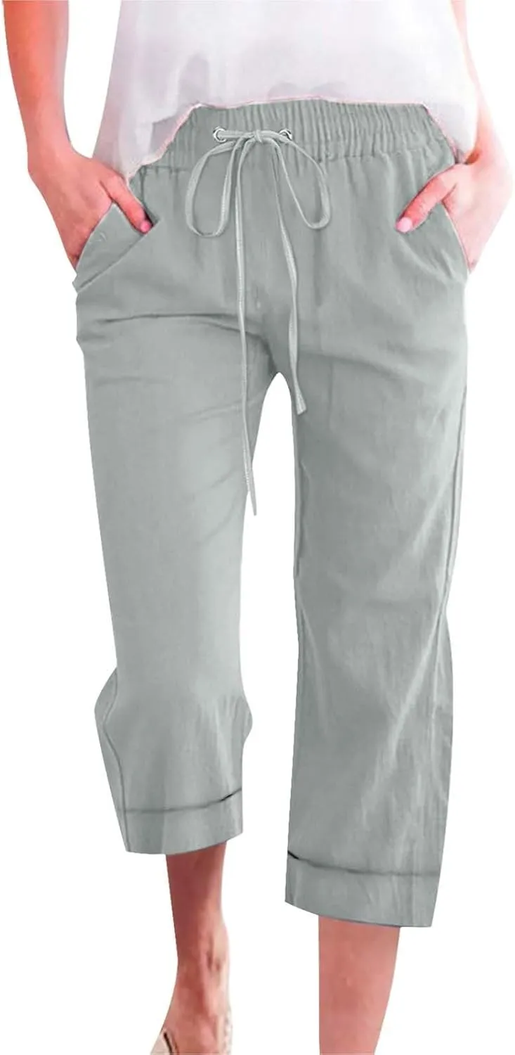 Capri Pants for Women Cotton Linen Casual Summer Pants Plus Size Drawstring Elastic Waist Capris with Pockets