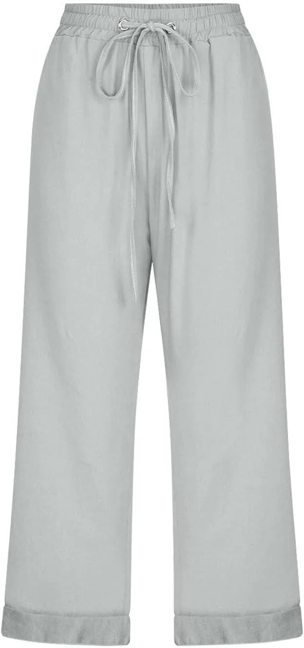 Capri Pants for Women Cotton Linen Casual Summer Pants Plus Size Drawstring Elastic Waist Capris with Pockets