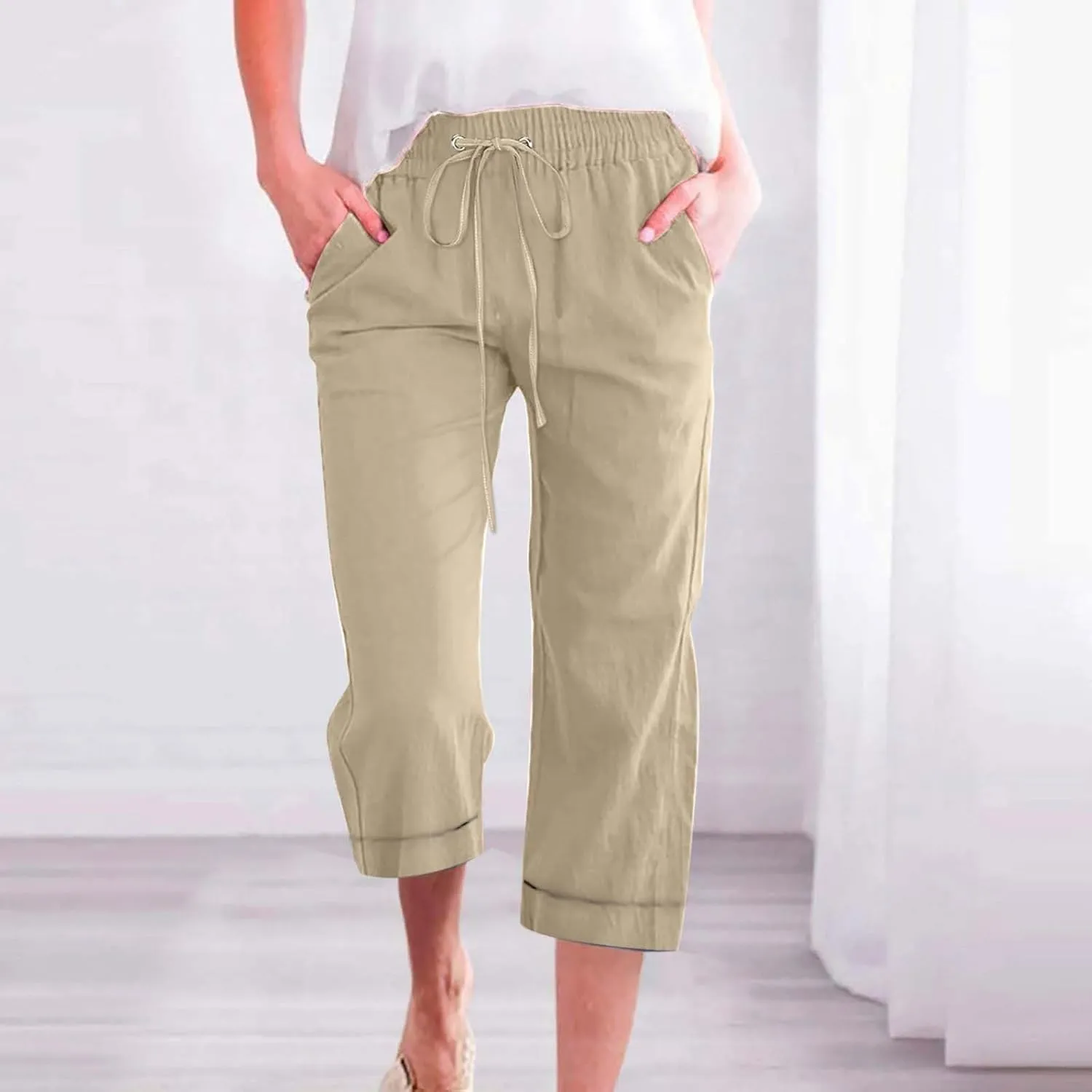 Capri Pants for Women Cotton Linen Casual Summer Pants Plus Size Drawstring Elastic Waist Capris with Pockets