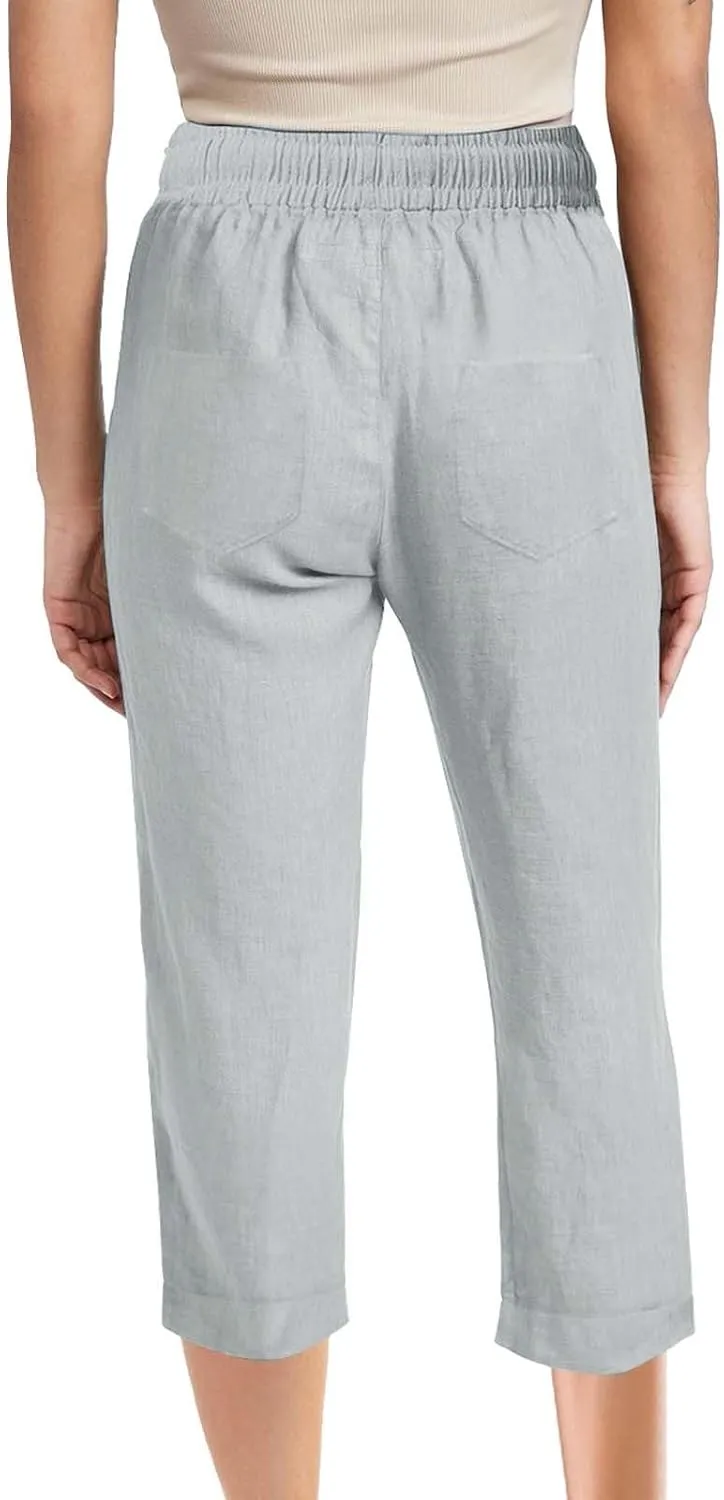 Capri Pants for Women Cotton Linen Casual Summer Pants Plus Size Drawstring Elastic Waist Capris with Pockets