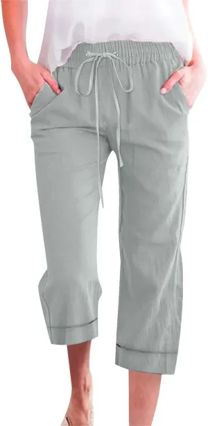 Capri Pants for Women Cotton Linen Casual Summer Pants Plus Size Drawstring Elastic Waist Capris with Pockets