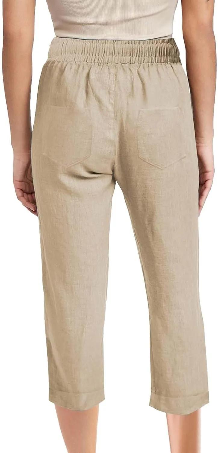 Capri Pants for Women Cotton Linen Casual Summer Pants Plus Size Drawstring Elastic Waist Capris with Pockets