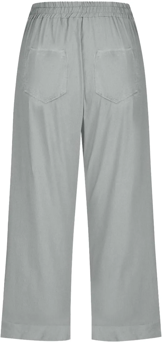 Capri Pants for Women Cotton Linen Casual Summer Pants Plus Size Drawstring Elastic Waist Capris with Pockets