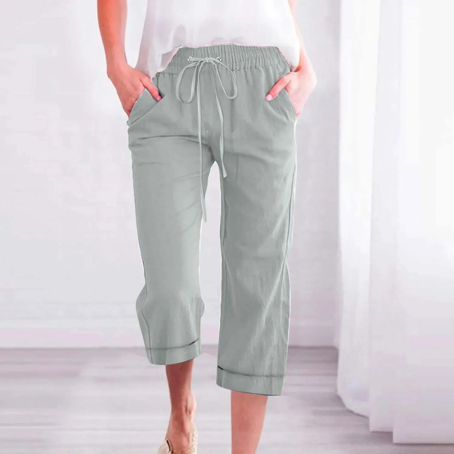 Capri Pants for Women Cotton Linen Casual Summer Pants Plus Size Drawstring Elastic Waist Capris with Pockets