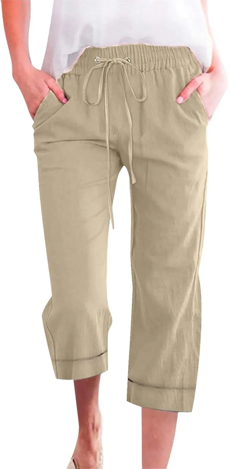 Capri Pants for Women Cotton Linen Casual Summer Pants Plus Size Drawstring Elastic Waist Capris with Pockets