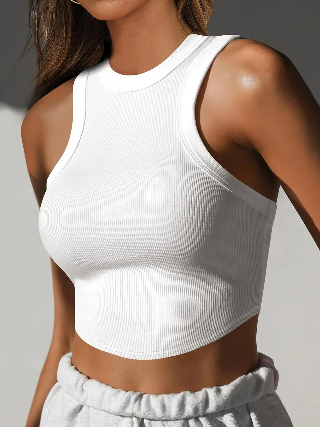 Caracilia Women Tank Tops High Neck Crop Tops Racerback Rib Knit Sleeveless Summer Basic Tee Shirts Workout Y2K Outfits