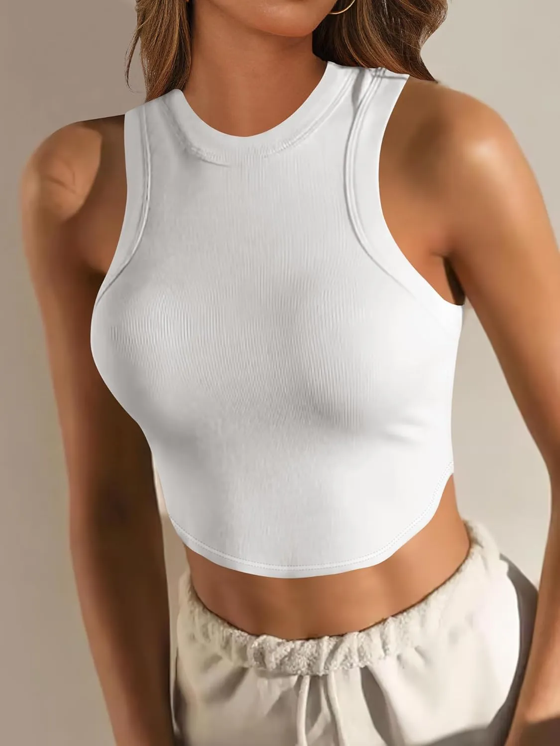 Caracilia Women Tank Tops High Neck Crop Tops Racerback Rib Knit Sleeveless Summer Basic Tee Shirts Workout Y2K Outfits