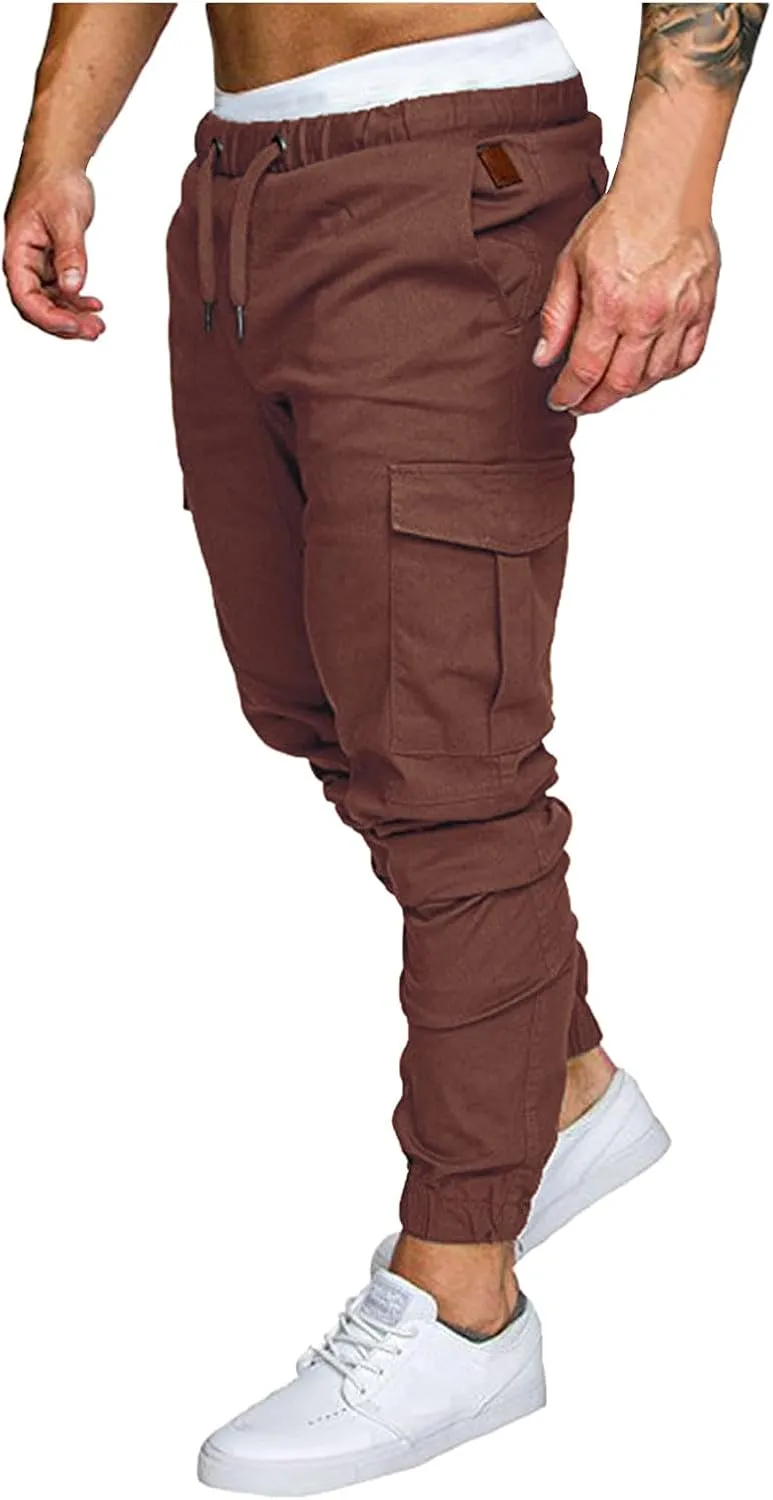 Cargo Sweatpants for Men Elastic Waist Muscle Slim Fit Athletic Pants Casual Outdoor Sports Tactical Hiking Pants