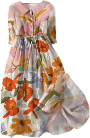 Casual Dresses for Women Button Down Half Sleeve Midi Dresses with Belt Floral Print Flowy Plus Size Summer Dresses