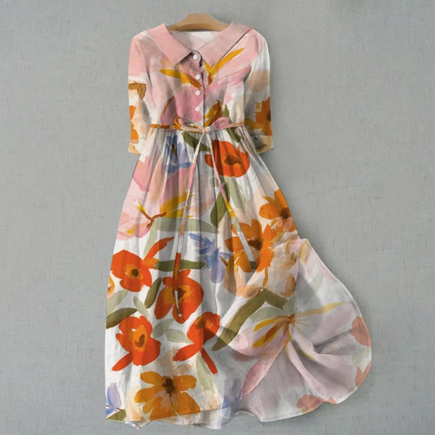 Casual Dresses for Women Button Down Half Sleeve Midi Dresses with Belt Floral Print Flowy Plus Size Summer Dresses