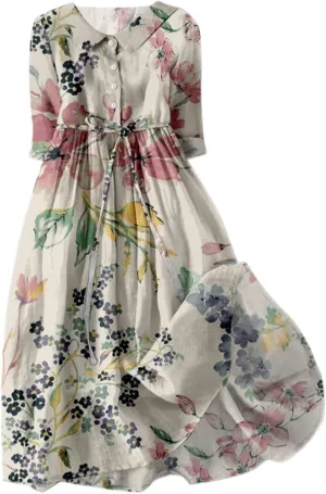 Casual Dresses for Women Button Down Half Sleeve Midi Dresses with Belt Floral Print Flowy Plus Size Summer Dresses