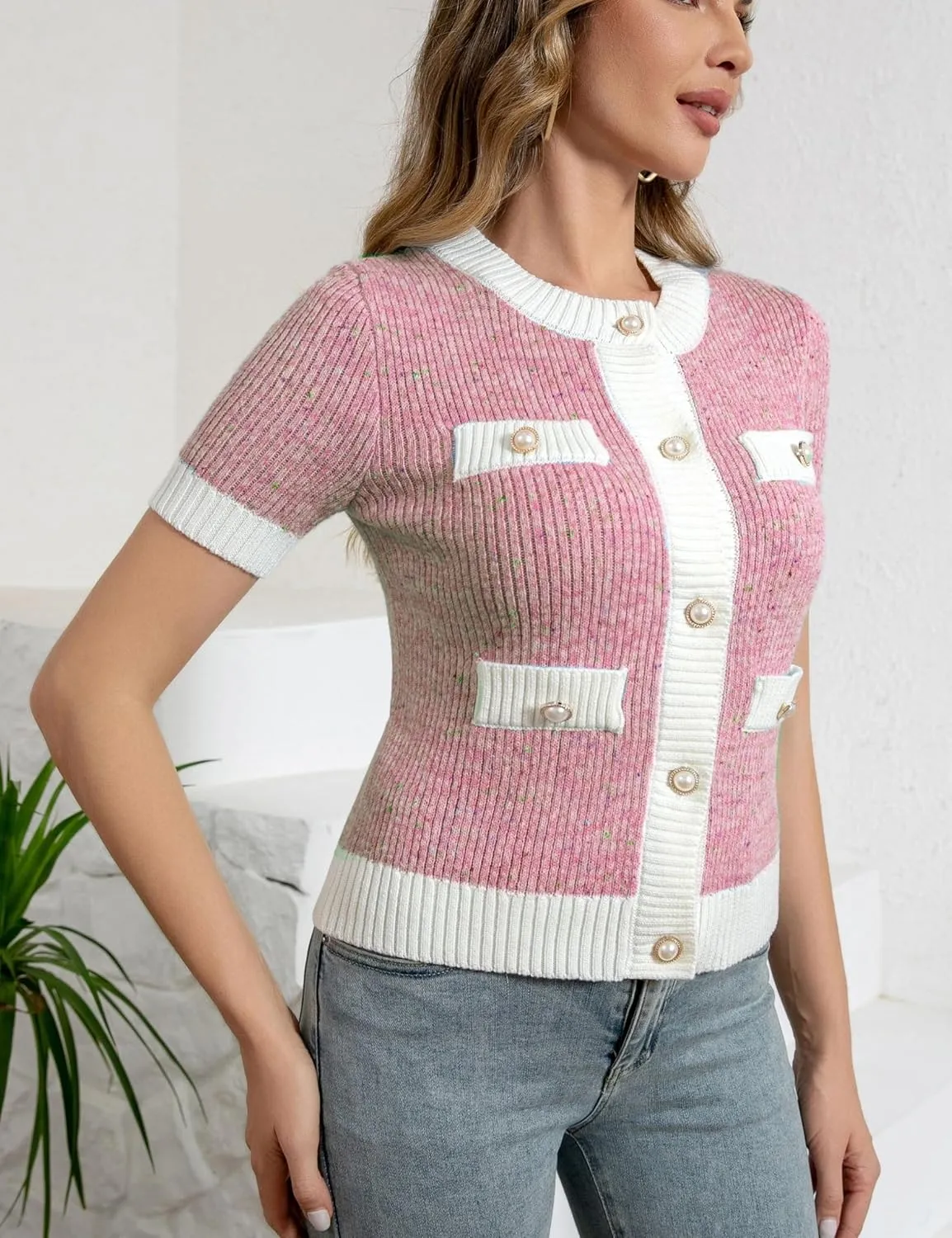 Chevara Women's Short Sleeve Cardigan Cropped Crew Neck Button Down Sweater Knitted Jacket