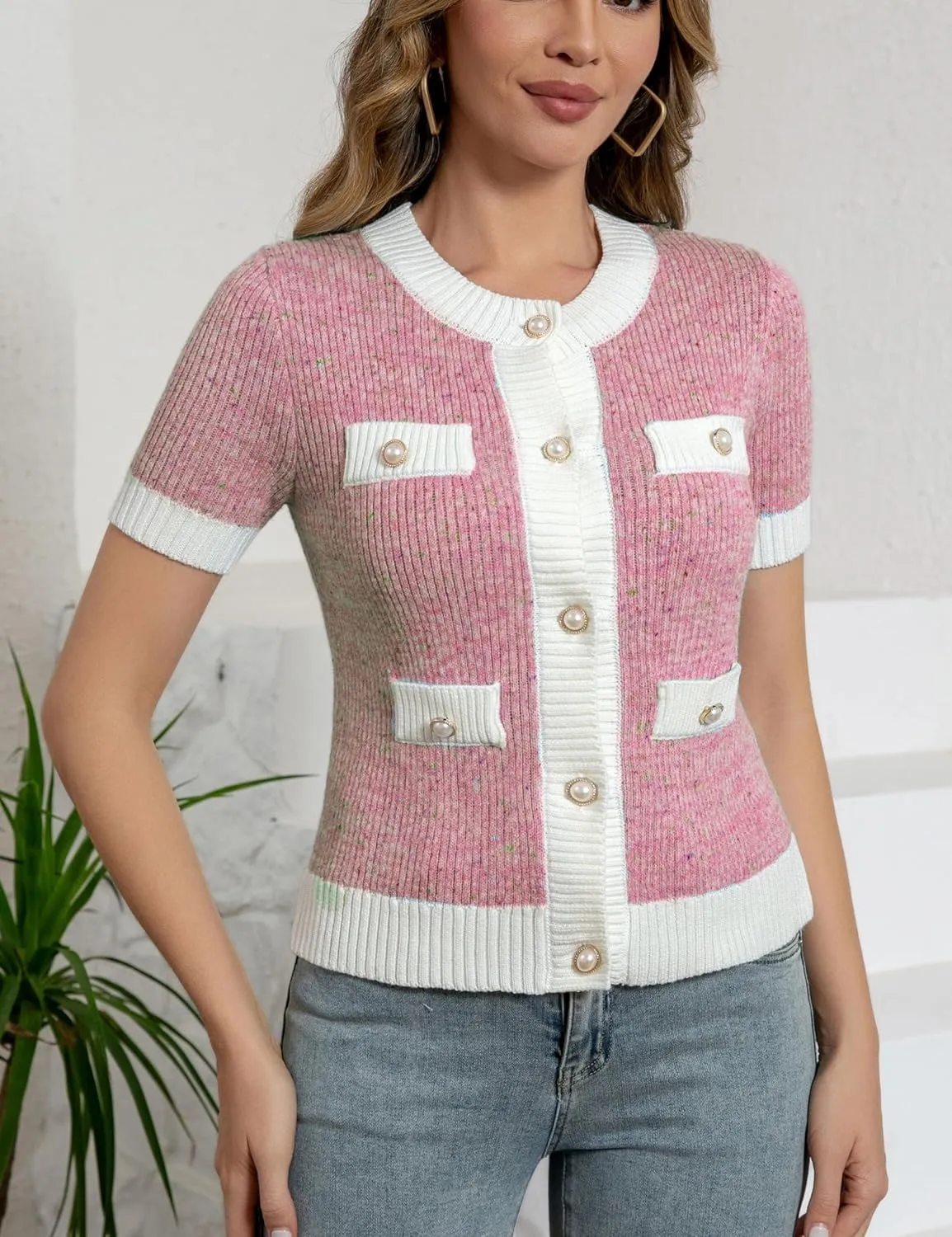 Chevara Women's Short Sleeve Cardigan Cropped Crew Neck Button Down Sweater Knitted Jacket