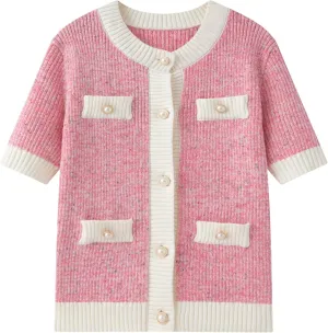 Chevara Women's Short Sleeve Cardigan Cropped Crew Neck Button Down Sweater Knitted Jacket