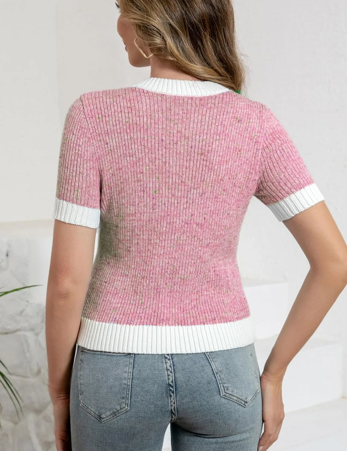 Chevara Women's Short Sleeve Cardigan Cropped Crew Neck Button Down Sweater Knitted Jacket