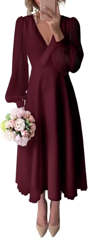 Chiffon Long Sleeve Bridesmaid Dresses A Line Tea Length Wedding Guest Dress for Women V Neck Formal Gown