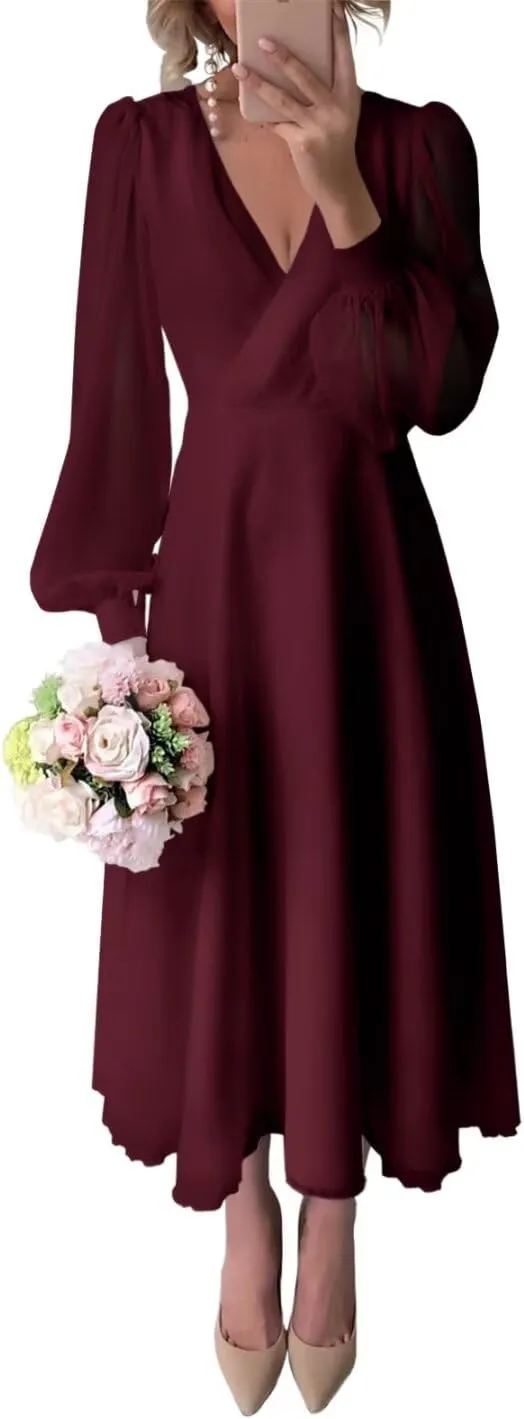Chiffon Long Sleeve Bridesmaid Dresses A Line Tea Length Wedding Guest Dress for Women V Neck Formal Gown