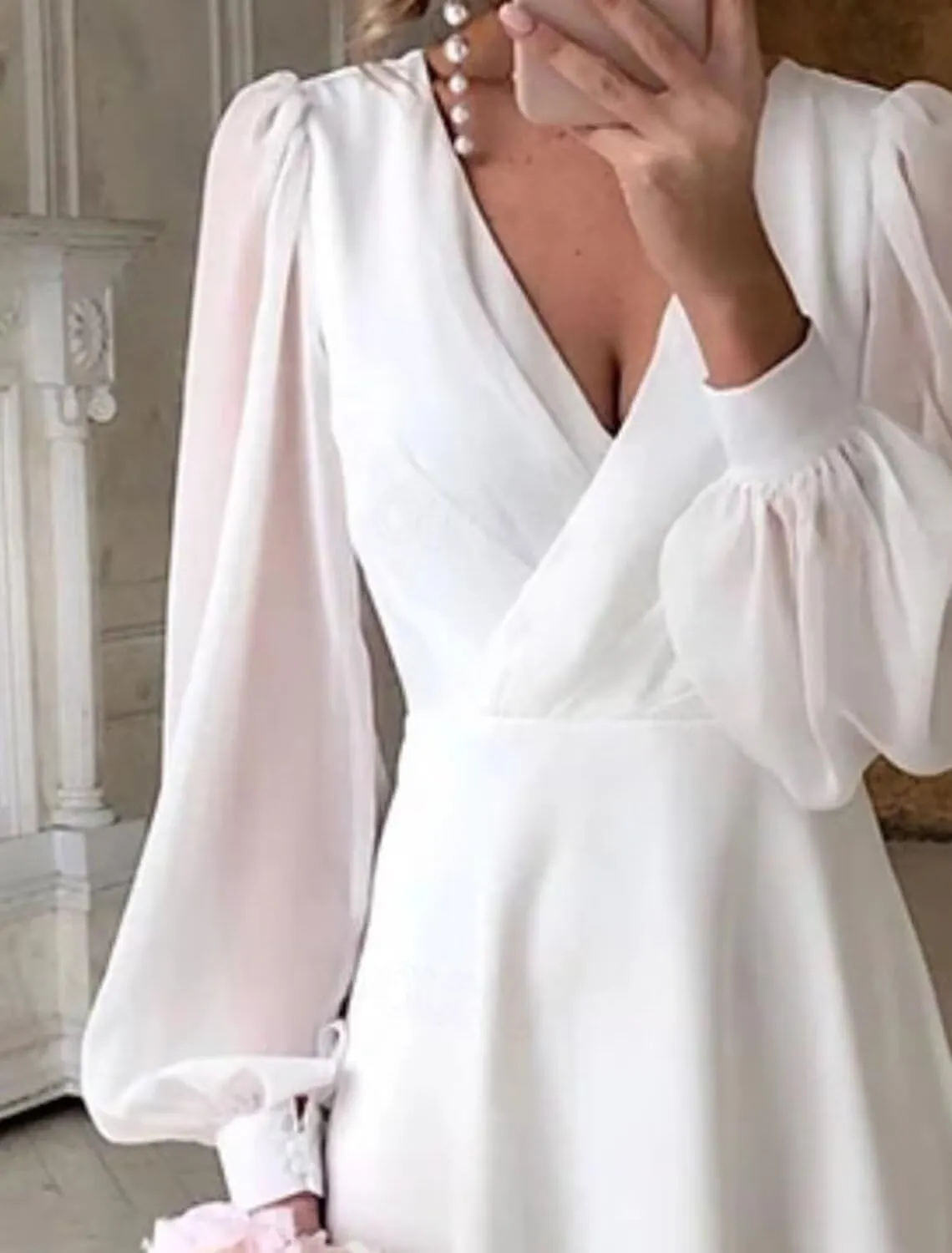 Chiffon Long Sleeve Bridesmaid Dresses A Line Tea Length Wedding Guest Dress for Women V Neck Formal Gown