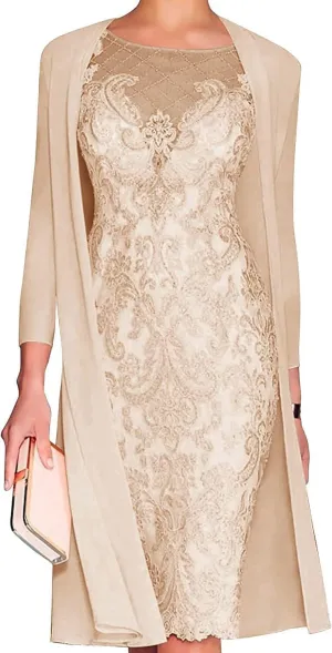 Chiffon Mother of The Bride Dresses with Jackets Long Sleeves Lace Formal Evening Dress