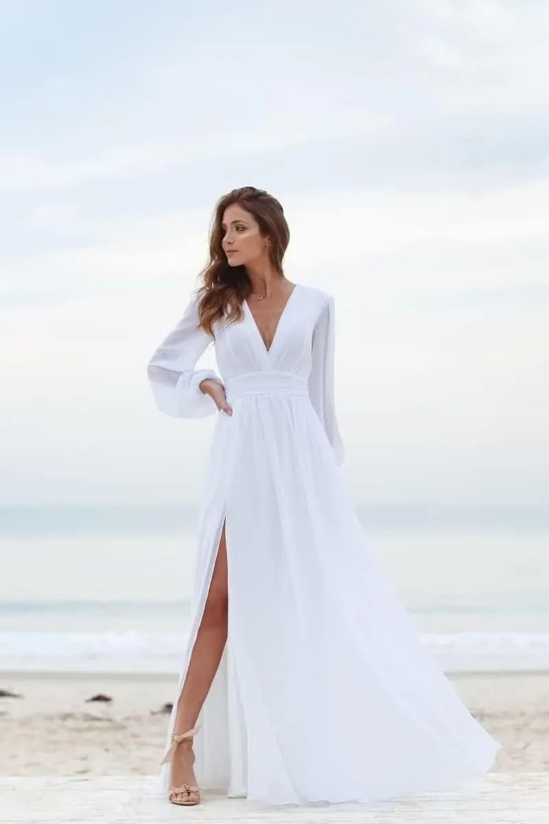 Chiffon V-Neck Bridesmaid Dresses for Women Ruched Long Sleeves Formal Evening Dress Party Gown with Slit