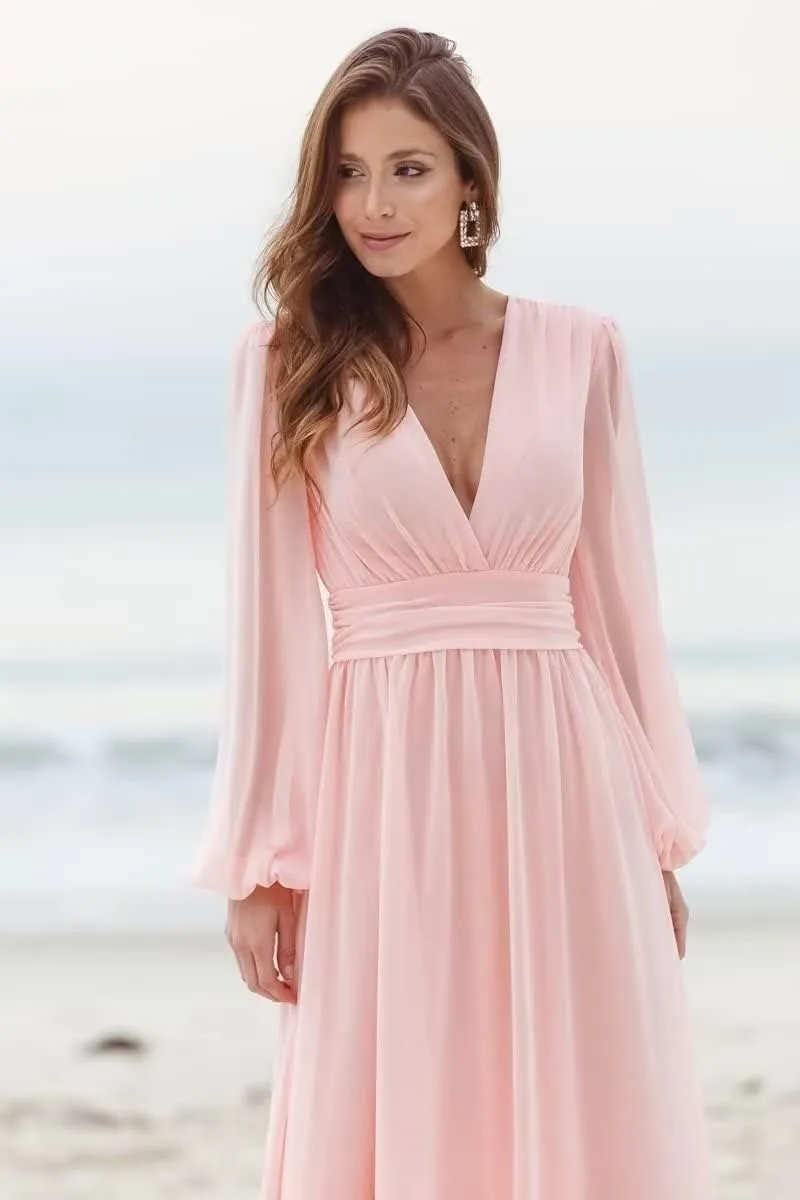 Chiffon V-Neck Bridesmaid Dresses for Women Ruched Long Sleeves Formal Evening Dress Party Gown with Slit