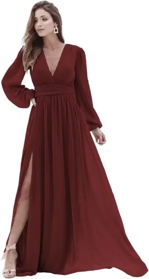 Chiffon V-Neck Bridesmaid Dresses for Women Ruched Long Sleeves Formal Evening Dress Party Gown with Slit