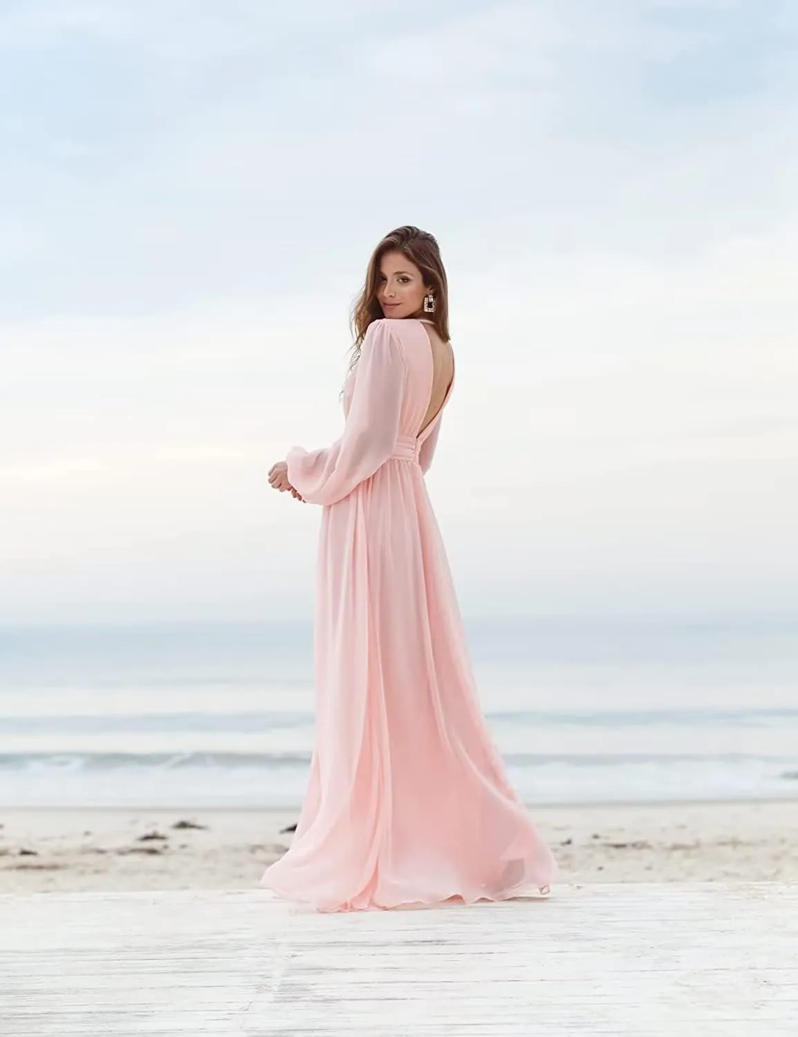 Chiffon V-Neck Bridesmaid Dresses for Women Ruched Long Sleeves Formal Evening Dress Party Gown with Slit