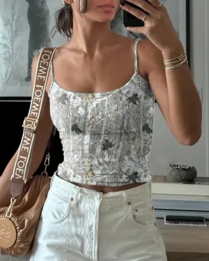 Cioatin Women Y2K Camo Maple Print Spaghetti Strap Crop Cami Tops Sleeveless Scoop Neck Backless Summer Tank Aesthetic
