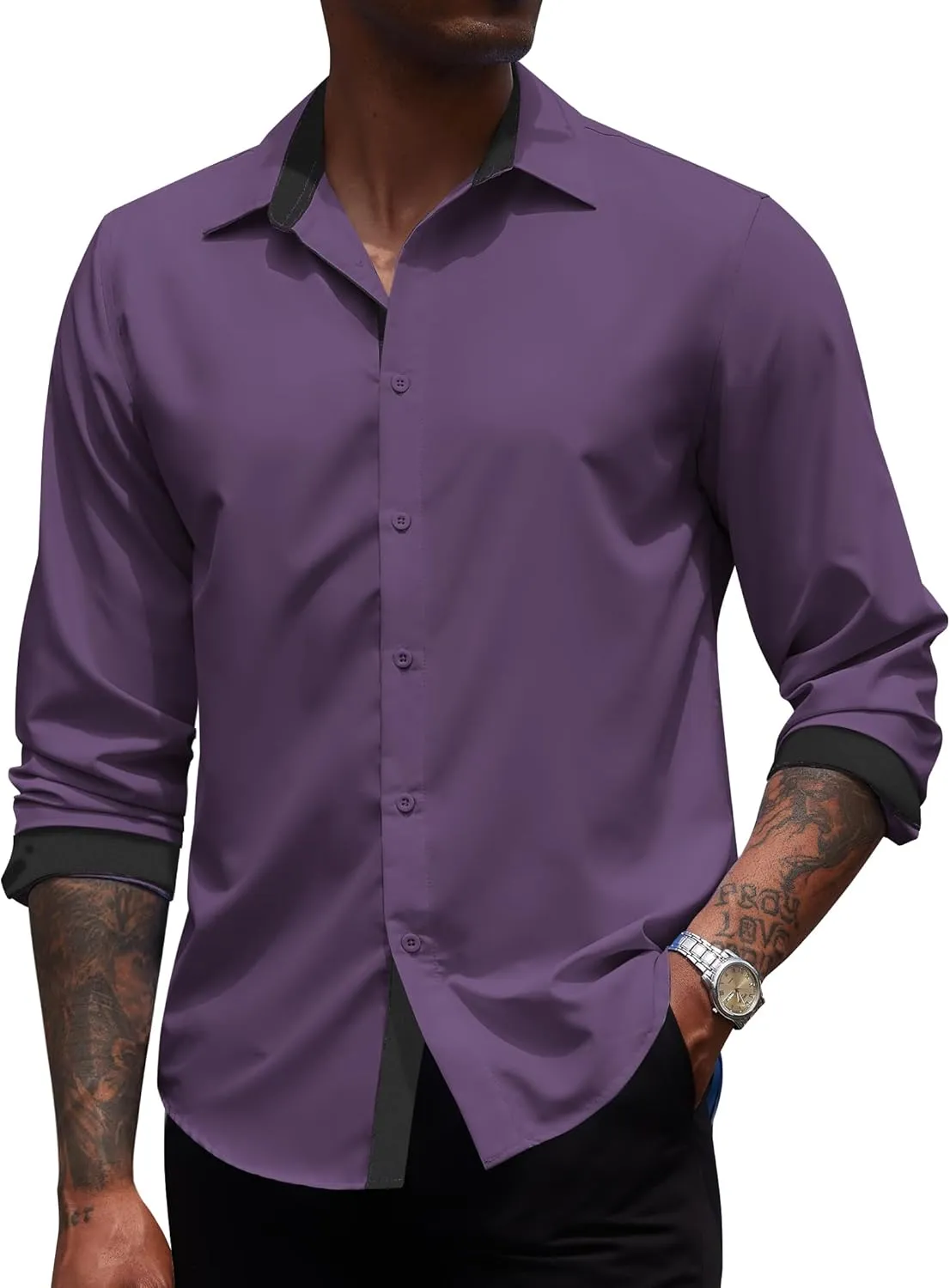 COOFANDY Men's Long Sleeve Wrinkle Free Dress Shirts Inner Contrast Business Casual Button Down Shirt