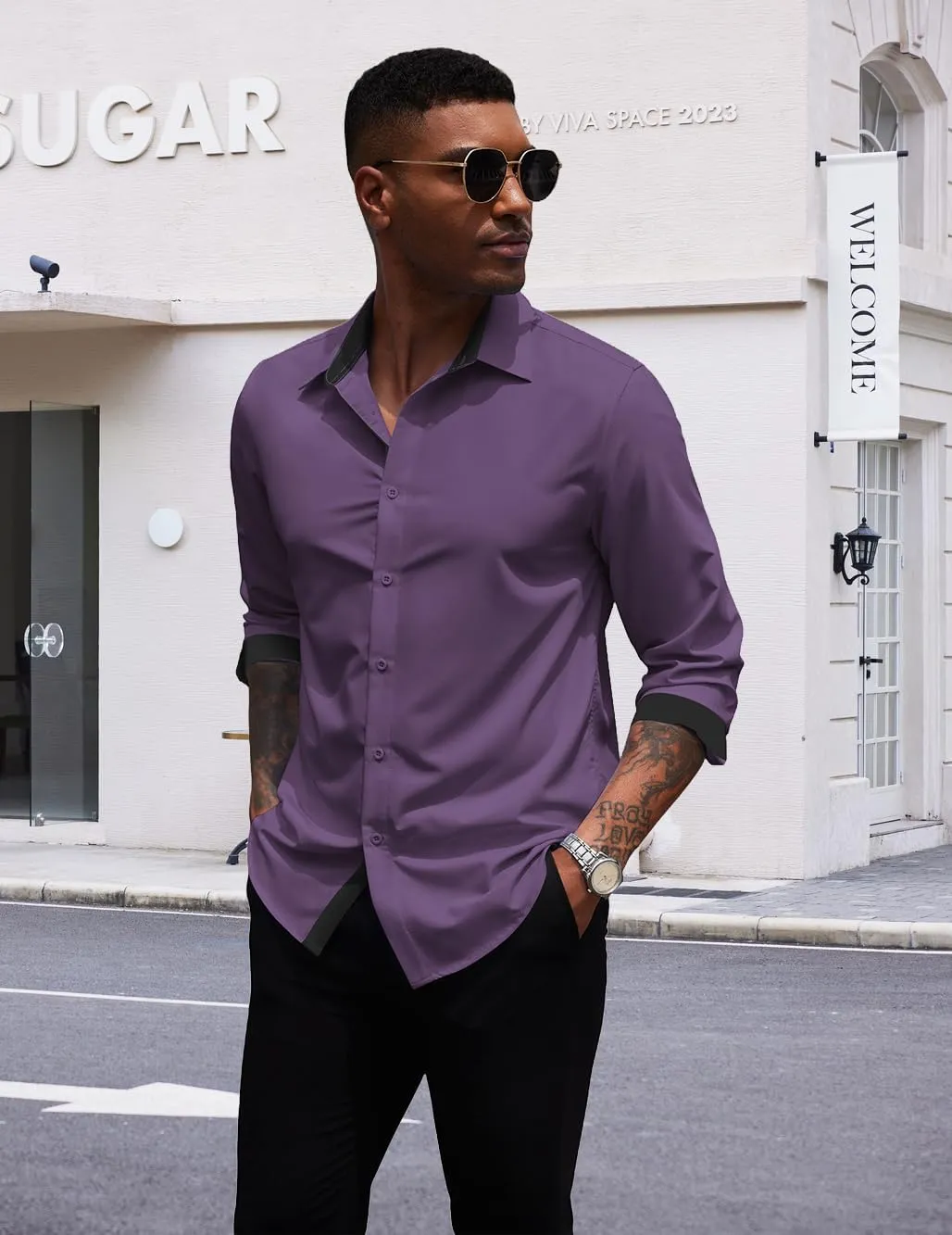 COOFANDY Men's Long Sleeve Wrinkle Free Dress Shirts Inner Contrast Business Casual Button Down Shirt