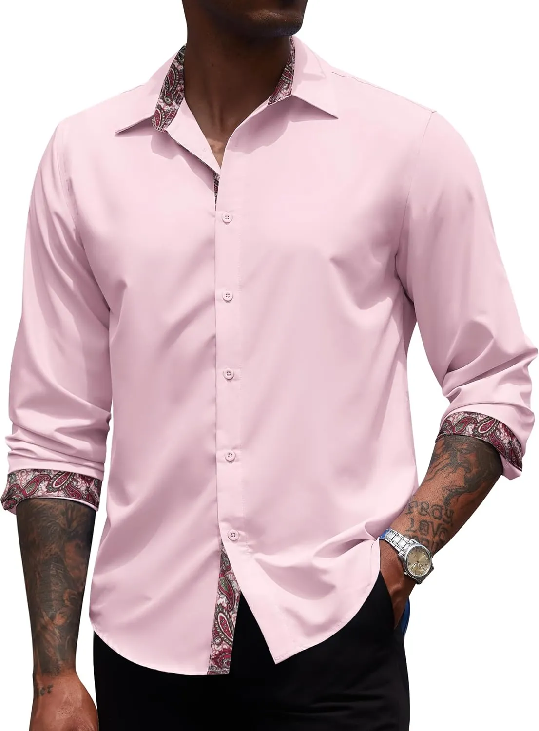 COOFANDY Men's Long Sleeve Wrinkle Free Dress Shirts Inner Contrast Business Casual Button Down Shirt