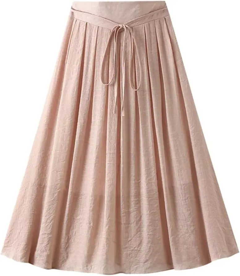 Cotton and Linen Skirt Women's Summer Korean Style Large Swing A Line Skirt Elastic Waist Midi Long Skirt