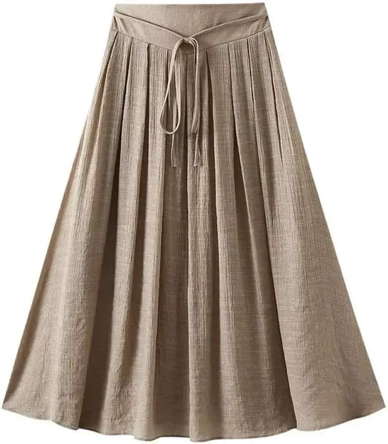 Cotton and Linen Skirt Women's Summer Korean Style Large Swing A Line Skirt Elastic Waist Midi Long Skirt