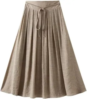 Cotton and Linen Skirt Women's Summer Korean Style Large Swing A Line Skirt Elastic Waist Midi Long Skirt