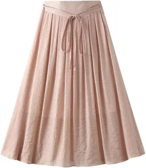 Cotton and Linen Skirt Women's Summer Korean Style Large Swing A Line Skirt Elastic Waist Midi Long Skirt