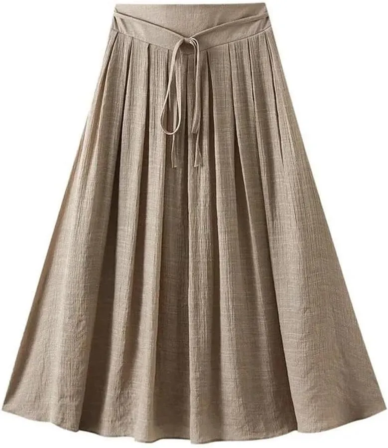Cotton and Linen Skirt Women's Summer Korean Style Large Swing A Line Skirt Elastic Waist Midi Long Skirt