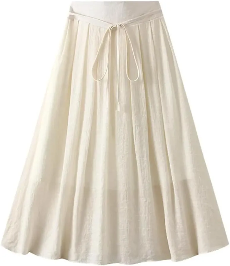 Cotton and Linen Skirt Women's Summer Korean Style Large Swing A Line Skirt Elastic Waist Midi Long Skirt