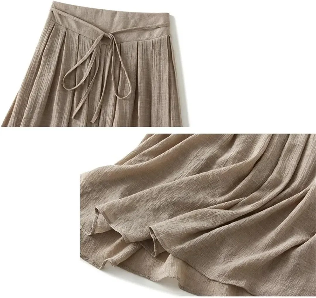 Cotton and Linen Skirt Women's Summer Korean Style Large Swing A Line Skirt Elastic Waist Midi Long Skirt