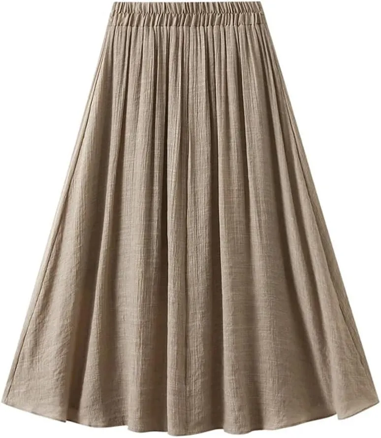 Cotton and Linen Skirt Women's Summer Korean Style Large Swing A Line Skirt Elastic Waist Midi Long Skirt