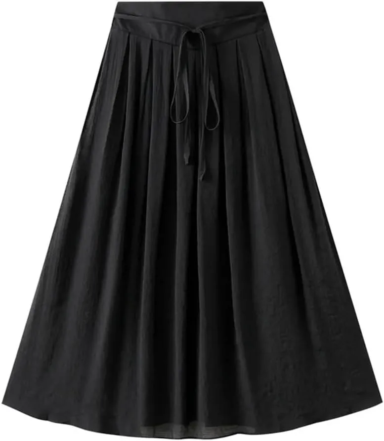 Cotton and Linen Skirt Women's Summer Korean Style Large Swing A Line Skirt Elastic Waist Midi Long Skirt