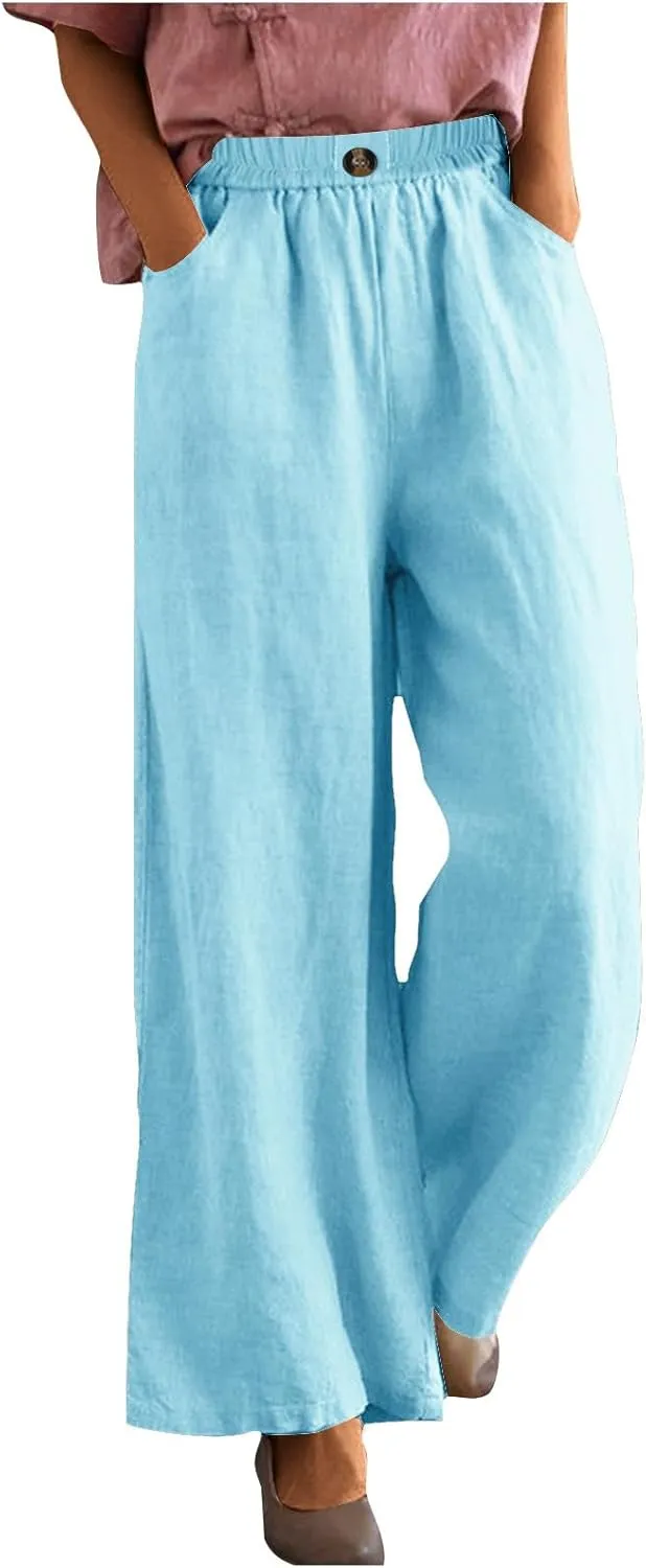 Cotton Linen Pants Women Trendy Elastic High Waist Wide Leg Pants Baggy Casual Lightweight Comfy Trousers with Pocket