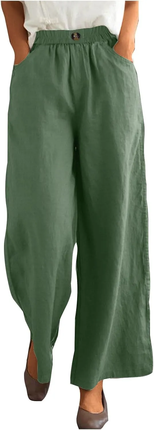 Cotton Linen Pants Women Trendy Elastic High Waist Wide Leg Pants Baggy Casual Lightweight Comfy Trousers with Pocket