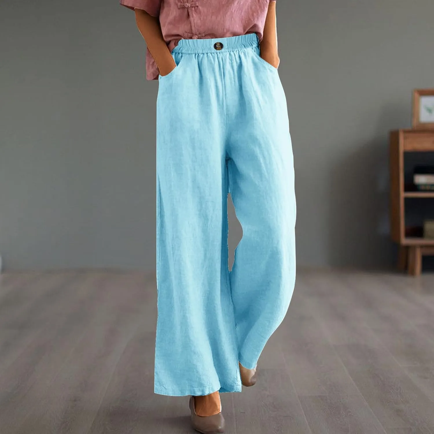 Cotton Linen Pants Women Trendy Elastic High Waist Wide Leg Pants Baggy Casual Lightweight Comfy Trousers with Pocket