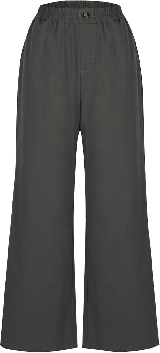 Cotton Linen Pants Women Trendy Elastic High Waist Wide Leg Pants Baggy Casual Lightweight Comfy Trousers with Pocket