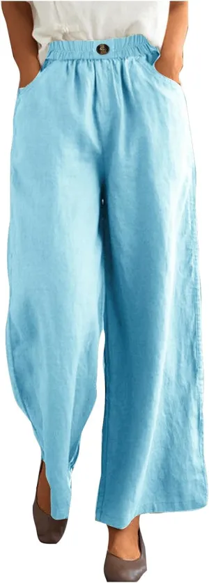 Cotton Linen Pants Women Trendy Elastic High Waist Wide Leg Pants Baggy Casual Lightweight Comfy Trousers with Pocket