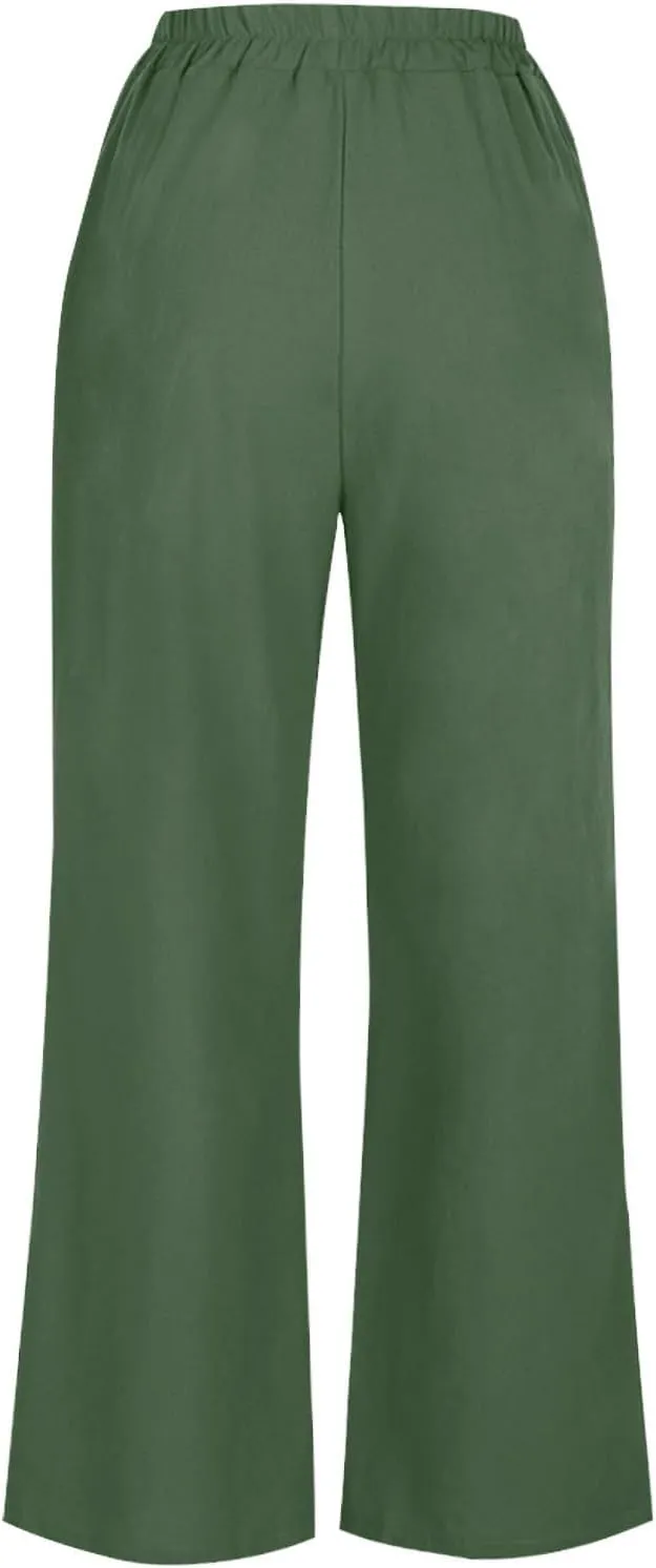 Cotton Linen Pants Women Trendy Elastic High Waist Wide Leg Pants Baggy Casual Lightweight Comfy Trousers with Pocket