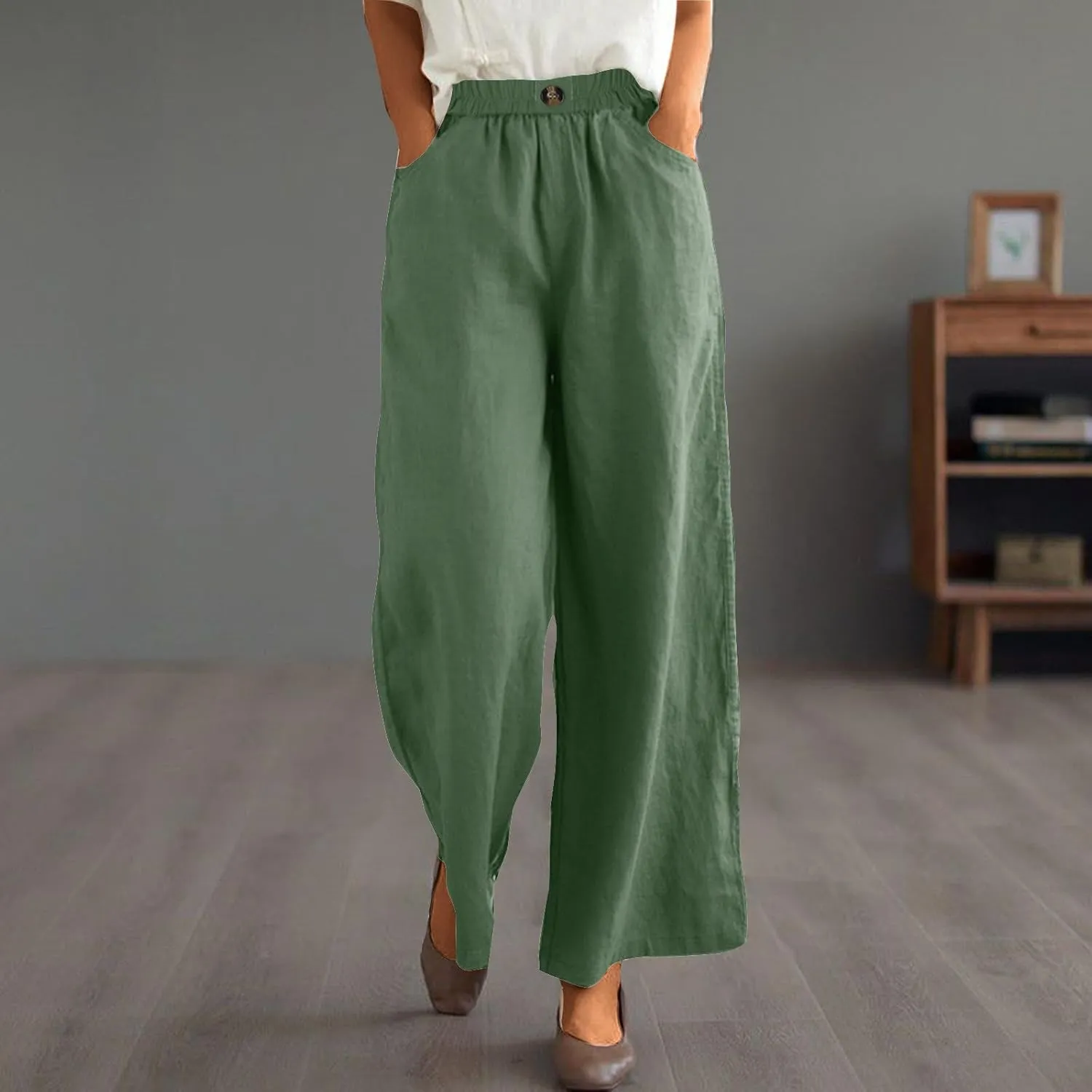 Cotton Linen Pants Women Trendy Elastic High Waist Wide Leg Pants Baggy Casual Lightweight Comfy Trousers with Pocket